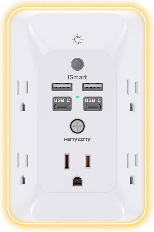Multi Plug Outlet, HANYCONY Outlet Extender with 4 USB Ports (2 USB C) and Night Light, 1050J Surge Protector, Wall Mount, Outlet Splitter for Bathroom Kicthen Camper Dorm Room Essentials