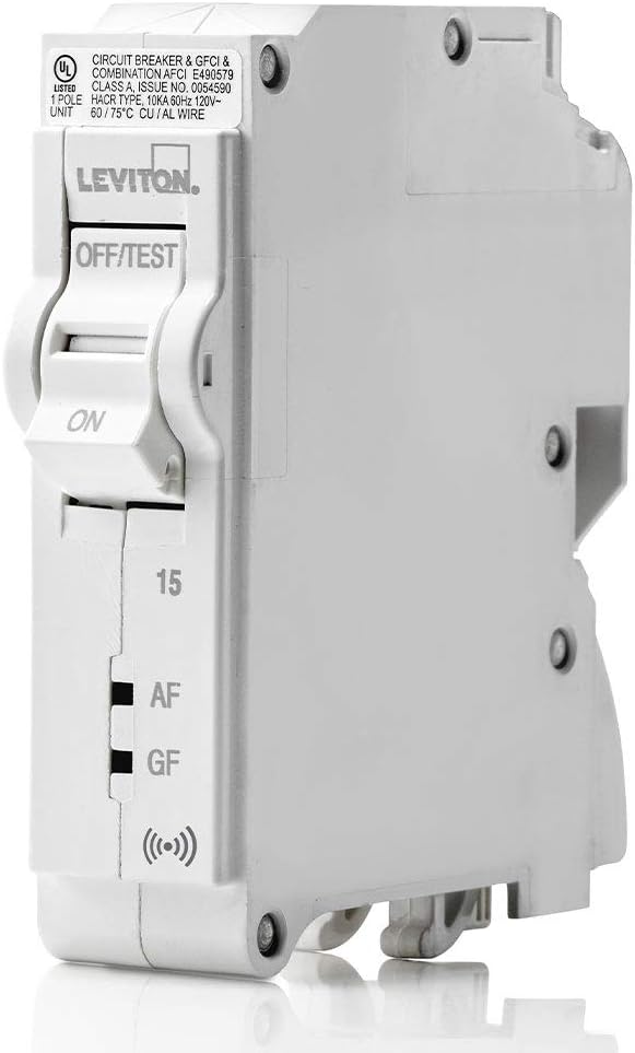 Leviton 15A 1-Pole Plug-On Smart AFCI/GFCI Branch Circuit Breaker, Hydraulic Magnetic, 120 VAC, LB115-DS, White