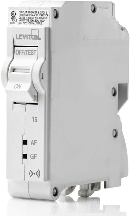 Leviton 15A 1-Pole Plug-On Smart AFCI/GFCI Branch Circuit Breaker, Hydraulic Magnetic, 120 VAC, LB115-DS, White