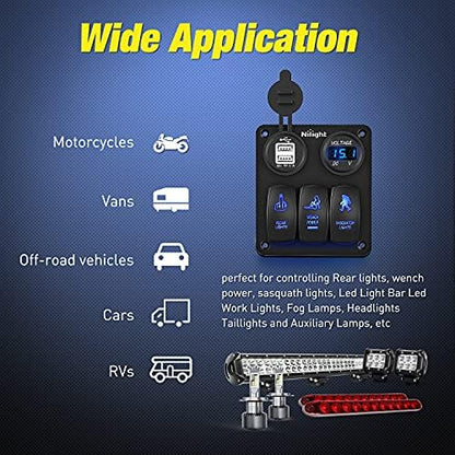 Nilight 3 Gang Rocker Switch Panel 5PIN On Off Laser Pattern Toggle | SPST 12V/20A 24V/10A Dual USB Charger LED Voltmeter Pre-Wired for Rear Rock Sasquatch Lights RV Boats 4X4 Blue