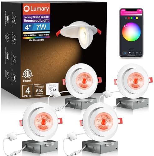 Lumary RGBAI Smart Recessed Lighting 4 Inch with Gradient Accent and Night Ring, 9W 780LM WiFi Canless Wafer Downlight with Junction Box, LED Downlight Work with Alexa/Google Assistant/Siri, 4PCS