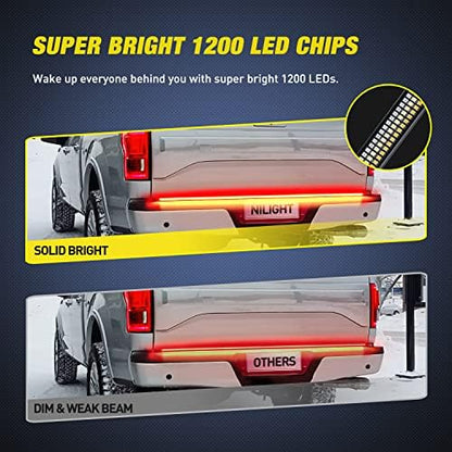Nilight Truck Tailgate Light Strip 60" Aluminum Frame Triple Row 1200 LED Strip with Red Running Brake Lights White Reverse Light Amber Sequential Turn Signals Strobe Lights，2 Years Warranty