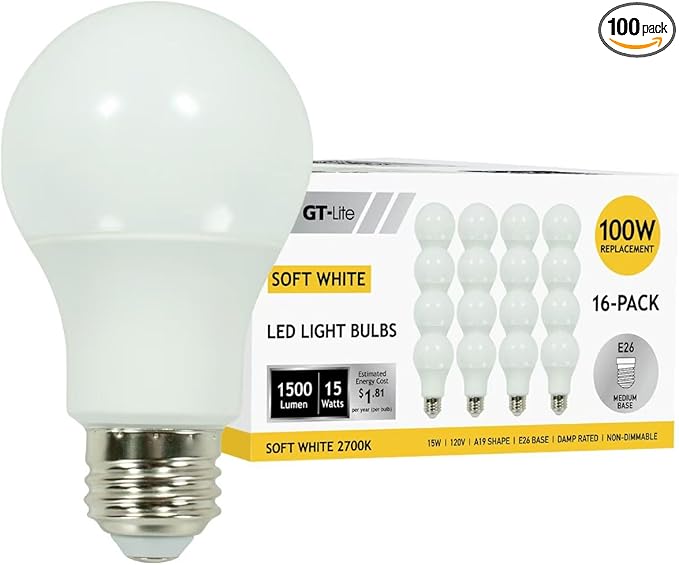 GT-Lite 16 Pack Soft White LED Light Bulbs,100 watt Equivalent,15 watt 1500LM 2700K, A19 Shape, E26 Medium Base, Standard Household Lightbulb for Lamps, Living Room, bedrooms