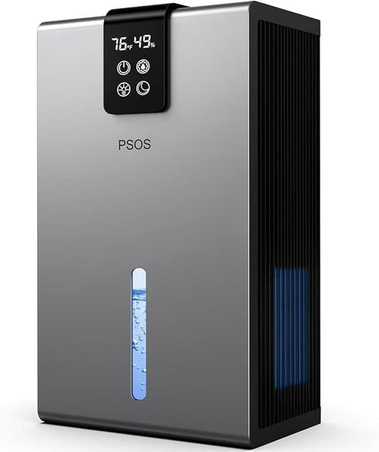 PSOS Dehumidifier, Dehumidifiers for Home, 98 OZ Water Tank, (1000 sq.ft) Quiet Dehumidifier for Basement Bathroom Bedroom with Humidity Display, Auto Shut Off, Relaxing 7 Color Ambient Light(Gray)
