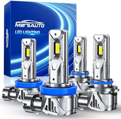 Marsauto 9005 H11 Bulbs Combo, 80000LM 800% Brighter, 6500K Cool White HB3 H8 H9 Bulbs, 80000+ Hours Lifespan, 3-Min Plug and Play, IP68 Waterproof, Pack of 4