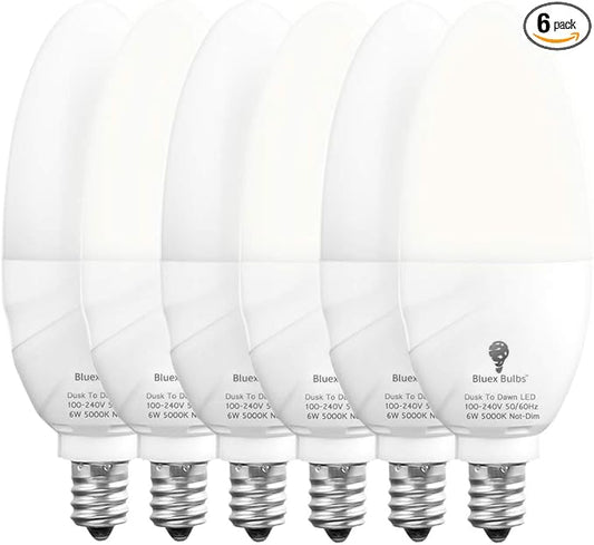 6 Pack BlueX Dusk to Dawn LED Bulbs, 6W E12 Base Light Bulb - 65W Equivalent – 5000K Daylight White - Smart Light Sensor Candelabra Bulb, Home Security Driveway, Yard, Porch Lighting