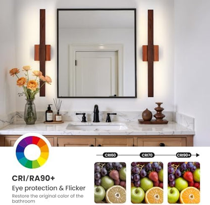 Modern Bathroom Light Fixtures Over Mirror, 24 Inch Brown Wood Finish Vanity Light Bar 20W Dimmable 5CCT LED Vanity Lights for Bathroom Wall Lighting Fixtures Over Mirror