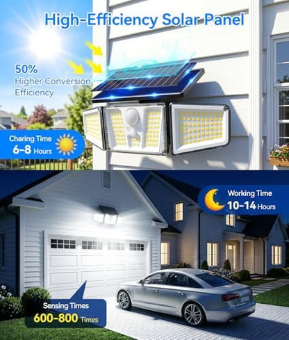 KOOPER Solar Flood Lights, 210 LED Motion Sensor Outdoor Lights, Solar Motion Lights Outdoor Waterproof, 3 Heads 300° Wide Angle Outdoor Security Lights for Yard Patio Garage Entryways, 2 Pack, Black