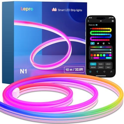 Lepro N1 AI Smart RGB Rope Lights for Christmas, Personalized AI Lighting Designer, LightBeats Music Sync, Color Segment DIY, Voice Control Via App, 32.8ft Wi-Fi & Bluetooth LED Strip Lights