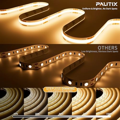 PAUTIX 5V USB COB LED Strip Lights UL-Listed Dotless LED Lights with RF Remote,6.56ft Dimmable 3000K Warm White TV Backlight,Flexible Under Cabinet Tape Lights for Bedroom,Kitchen,Shelves Lighting