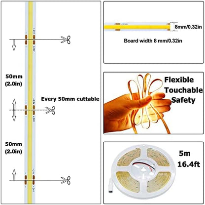 24V COB LED Strip Light Warm White 3000K 5M/16.4ft 2400LEDs 4500Lm