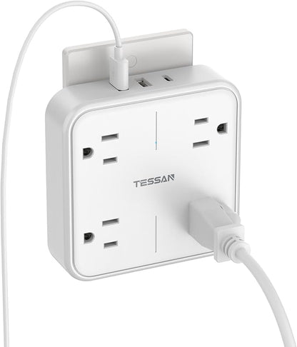 TESSAN Multi Plug Outlet Extender, Surge Protector Splitter | 3 USB (1 USB C Port) Wall Charger, Multiple Expander Surge Protector for Travel, Home, College Dorm Room, White