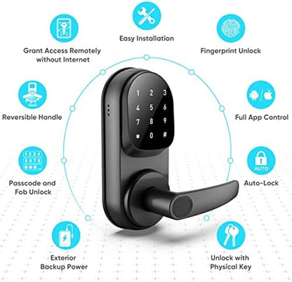 Sifely Keyless Entry Smart Lock - Fingerprint & Keypad Access, Front Door Handle, Black