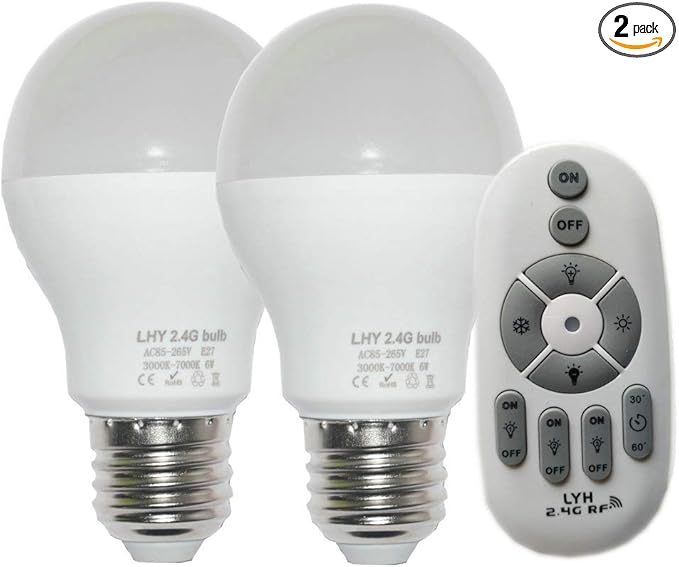 6W E27 Smart LED Light Bulbs Dimmable with 2.4GHz Wireless 3-Zone Remote Control - Adjustable Color Temperature (Warm/Cool) and Brightness 2 Pack (2 Bulb+1 Remote)