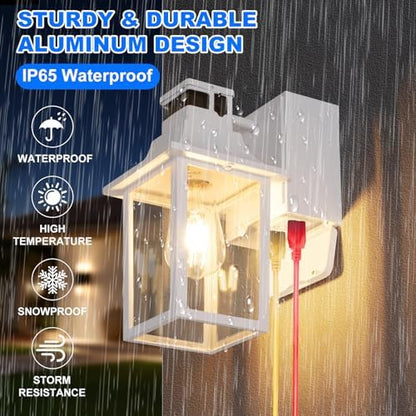 White Porch Light with GFCI Outlet & Motion Sensor,Dusk to Dawn Porch Light