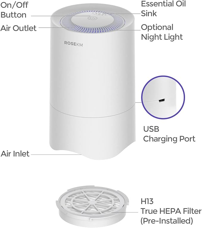 Rosekm Small Air Purifier with 1-Year Pack Replacement Filter, Personal Desk Mini HEPA Air Purifier, Room Air Freshener Cleaner for Pets, Smoke, Desktop, Office (White)