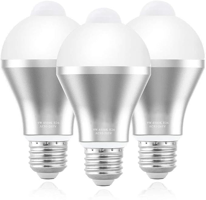 plplaaoo Motion Sensor Light Bulb Smart PIR LED Bulbs Auto On Off Security Lights Outdoor Indoor E26 E27 Cool White 9W 800lm 3 Pack