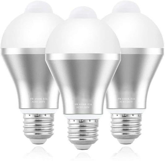plplaaoo Motion Sensor Light Bulb Smart PIR LED Bulbs Auto On Off Security Lights Outdoor Indoor E26 E27 Cool White 9W 800lm 3 Pack