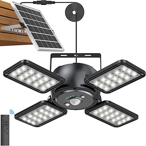 Latband Solar Pendant Light Outdoor Indoor Solar Powered Motion Sensor Shed Light,144LED 1200LM Daytime Work with 5 Lighting Modes Remote Control 4 Heads IP65 Waterproof for Garage Gazebo Barn