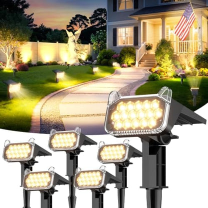 Solar Spot Lights Outdoor Waterproof IP65, Super Bright LEDs with Lens, 2 Lighting Modes, 2 in 1 Auto On/Off Solar Powered Spotlights for Outside Landscape Holiday Decor, 6 Pack, Warm White