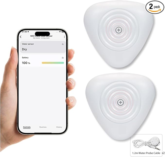 NEO Zigbee 3.0 Water Leak Detector, Smart Water Sensor Alarm for Home & Basement, Compatible with SmartThings and Home Assistant (ZHA & Z2M), 2 Pack