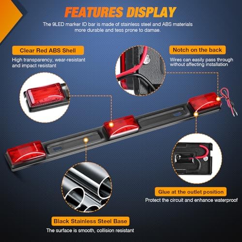 Nilight 14.2" 9 LED Trailer Light Bar Red Clearance Marker Rear Lights