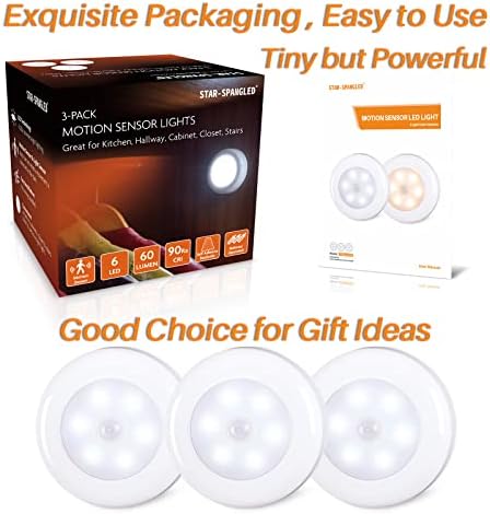 STAR-SPANGLED 6 Pack 2.8” Motion Sensor Lights Indoor AAA Battery Operated, Stick on LED Puck Light for Stairs, Under Cabinet, Closet, Cool White