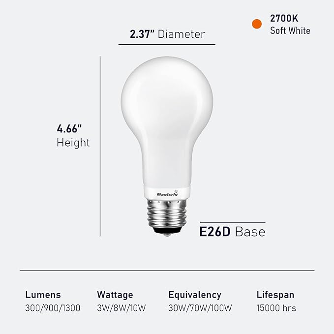 Maelsrlg 3-Way Light Bulbs, 30 70 100 Watt Equivalent, Soft White 2700K, A19 Three Way LED Bulbs, 3W/8W/10W, E26 Medium Base, Pack of 4