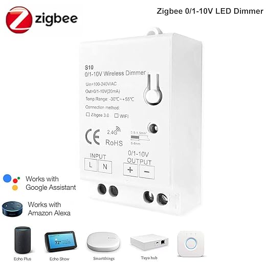 Zigbee 3.0 0/1-10V LED Dimming Controller Timing Auto Switch Functions. Compatible with Tuya Zigbee 3.0 Hub, SmartThings, Echo Plus, and Z2mqtt. Home Assistant for 0-10V / 1-10V dimmable LED Drivers