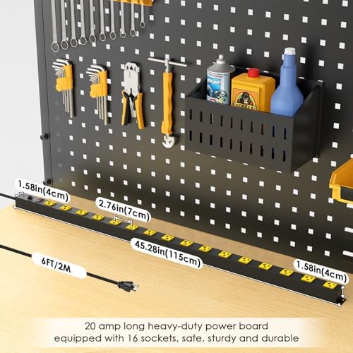 JUNNUJ Long Metal 16 Outlet Power Strip,Wide Spaced Garage Industrial Heavy Duty Power Strip,Surge Protection 4800J,Wall Mount Screws Outlet with Switch 5-15P High Amp 6-20R T-Slot (Yellow, 6FT)