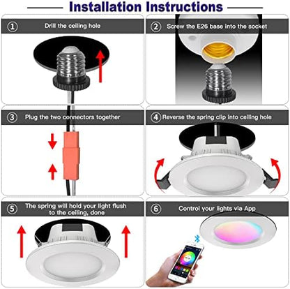 3" Smart Recessed Light 12Pack, Compatible with Alexa Google Home, WiFi & Bluetooth, RGBCW, 2700K~6500K CCT Selectable, Dimmeble, Multicolor, 3 Inch Remote Control Can-Killer LED Downlight