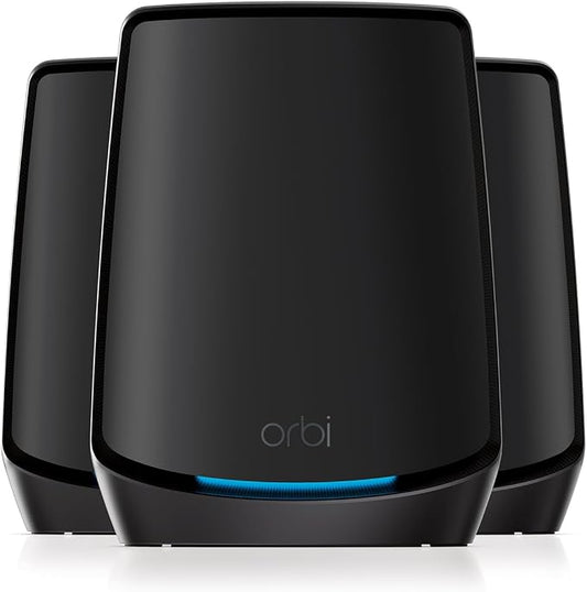 NETGEAR Orbi Tri-Band WiFi 6 Mesh System (RBK863SB) – Router + 2 Satellite Extenders - Security Features - Covers up to 8,000 sq. ft., 100 Devices - 10 Gig Internet Port - AX6000 (up to 6Gbps) - Black