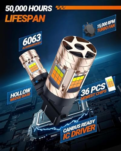SEALIGHT 3157 Switchback LED Bulb, Latest CANBUS 3156 LED Light With Turbo Fan, 3057 3457 4157 Amber/White Dual Color Anti Hyper Flash Turn Signal Lights and DRL/Parking Lights, Pack of 2