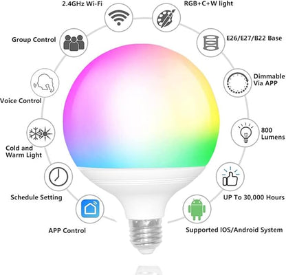 WiFi G95 RGBCW Smart Bulb Compatible with Alexa, Voice & APP Remote Control, Schedule & Timer,12W