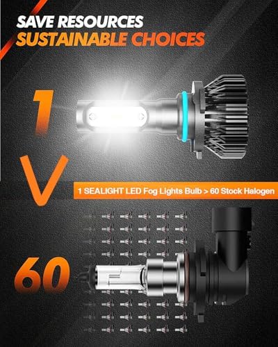 SEALIGHT H10 LED Fog Light Bulbs or DRL, 14000LM 600% Much Brighter Wide-angle Design, 6500K Xenon White 9140 9145 H10 LED Fog Lights, Lighting Range Over 1000FT, Plug and Play with Wire, Pack of 2
