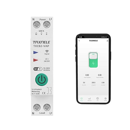 TUYA WiFi Smart Circuit Breaker Power Metering Energy Meter KWh 1P 230V 63A Voltmeter Ammeter Energy Meter DIN Rail Smart Life Wireless Remote Control Switch Timer Voice Control (1-63A Adjustable)