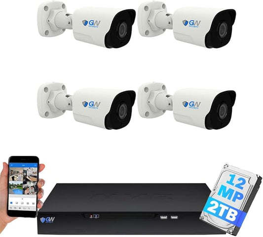 GW Security 8 Channel NVR UltraHD 12MP 6K Face/Human/Vehicle Detection PoE Security Camera System with 4 x 6K 12MP IP Microphone Outdoor/Indoor Smart AI Bullet Cameras, Color Night Vision