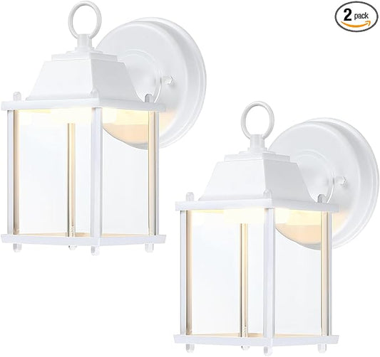 LIT-PaTH Outdoor LED Wall Lantern, Wall Sconce as Porch Light, 9.5W 800 Lumen, Aluminum Housing Plus Glass, 3000k-Matte White Finish, 2-Pack