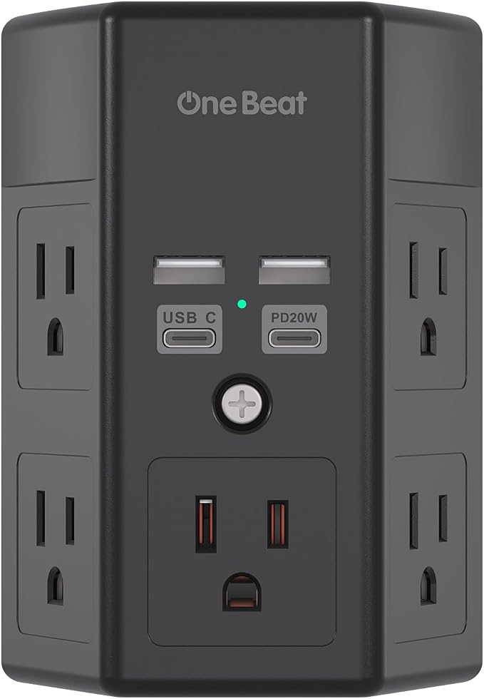 One Beat Surge Protector Wall Outlet Extender, 5 Outlets & 4 USB Ports (20W USB-C PD), 1680J, 3-Sided Multi Plug Outlet Adapter, Outlet Splitter, Wall Mount, ETL Listed for Home Office Travel-Black