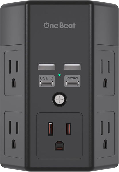 One Beat Surge Protector Wall Outlet Extender, 5 Outlets & 4 USB Ports (20W USB-C PD), 1680J, 3-Sided Multi Plug Outlet Adapter, Outlet Splitter, Wall Mount, ETL Listed for Home Office Travel-Black