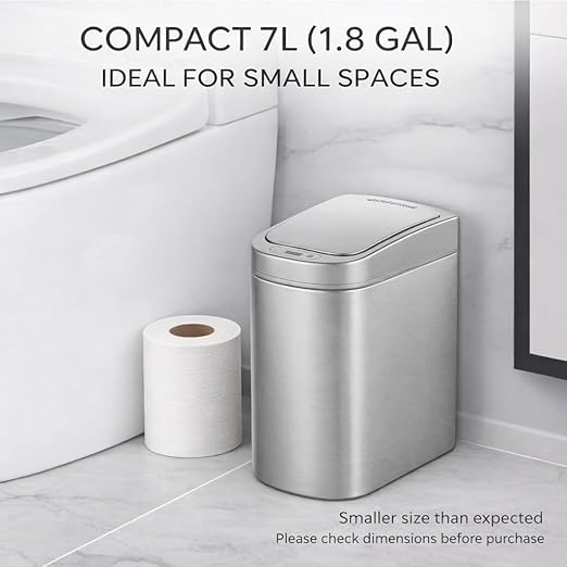 Ninestars Automatic Motion Sensor Bathroom Trash Can, 1.8 Gallon Smart Opening Garbage Bin for Bathroom, Bedroom, Kitchen, Office 7 Liter Compact Stainless Steel