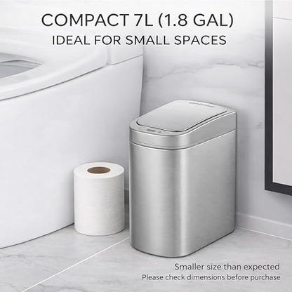 Ninestars Automatic Motion Sensor Bathroom Trash Can, 1.8 Gallon Smart Opening Garbage Bin for Bathroom, Bedroom, Kitchen, Office 7 Liter Compact Stainless Steel