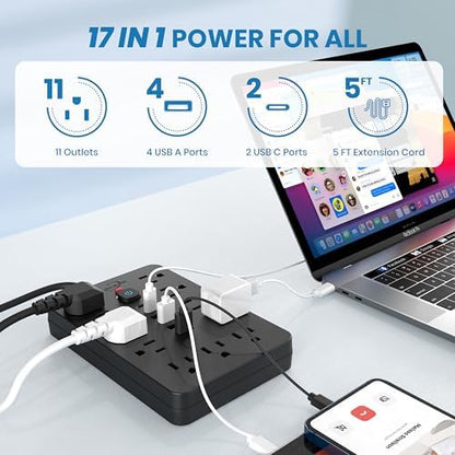 2 Pack JouleLoom Power Strip Surge Protector with 11 Outlets, 4 USB and 2 USB C Ports, 5 Ft Extension Cord, Flat Plug, Wall Mount, Overload Protection Desk USB Charging Station for Home, Office