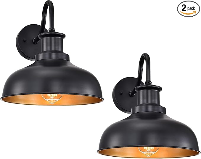 Outdoor Barn Lights, Farmhouse Outdoor Wall Sconces, Rustic Exterior Wall Mount Lights, Vintage Outside Lighting Fixtures, Industrial Black Gold Lanterns for Barn Shed Porch Garage Patio, 2 Pack