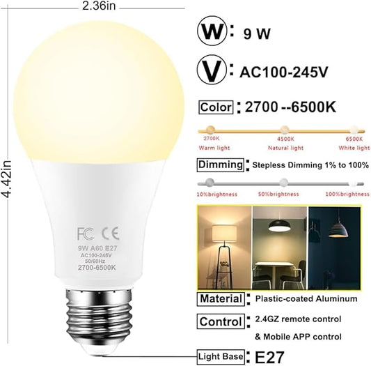 LED Bulb with a 2.4GHz Remote Control, A60 9W Color Changing Smart Light Bulb for Lamp, Bderoom, Mood Soothing, 80W Equivalent (9W) 830lm,Dimmable 1% to 100% 3000-6500K,2 Bulb & Remote