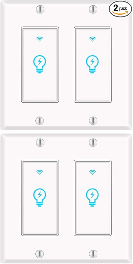 Smart Light Switch, Compatible with Alexa, Google Home IFTTT, App and Voice Control, Timing Function, No Hub Required, Suitable for 2/3/4 Box, Neutral Wire Needs MICMI, 2 Gang 2 Pack