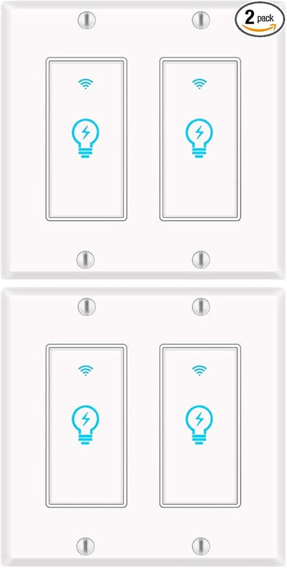 Smart Light Switch, Compatible with Alexa, Google Home IFTTT, App and Voice Control, Timing Function, No Hub Required, Suitable for 2/3/4 Box, Neutral Wire Needs MICMI, 2 Gang 2 Pack