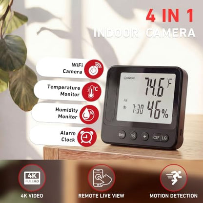 Indoor Camera with Temperature & Humidity Monitor, 4k Indoor WiFi Nanny Cam with Motion Detection, Night Vision, Live View by App, Security Camera for Home, Office, Greenhouse, Garage
