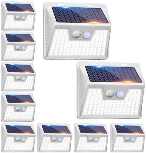 Solar Lights Outdoor Waterproof, 10 Pack 140LED Ultra-Bright Motion Sensor Light, 3 Modes Solar Powered Fence Lights, Solar Security Wall Lights for Garden Yard Outside(Cool White)
