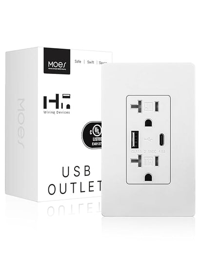 MOES USB Wall Outlet 20 Amp, USB-C and USB-A 24W Charging, White, 1 Pack